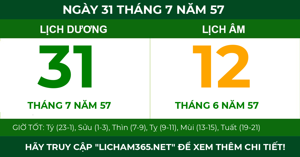 lịch âm ngày 31 tháng 7 năm 57