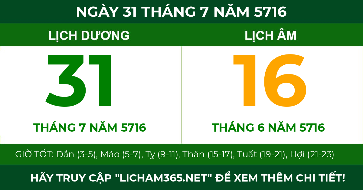 lịch âm ngày 31 tháng 7 năm 5716