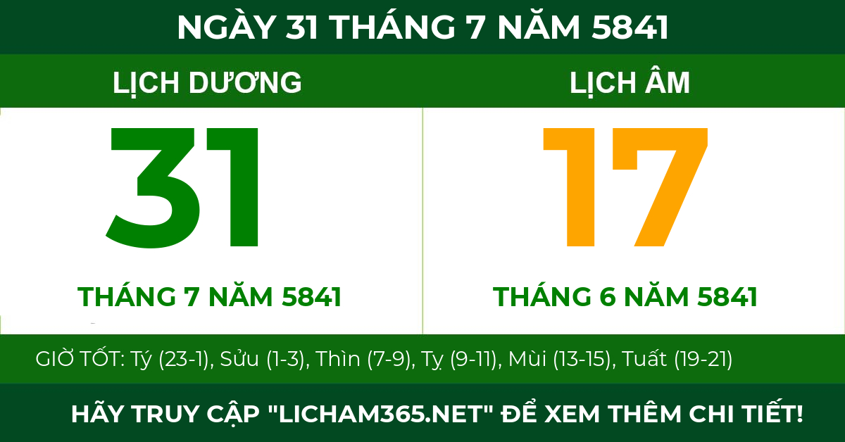 lịch âm ngày 31 tháng 7 năm 5841