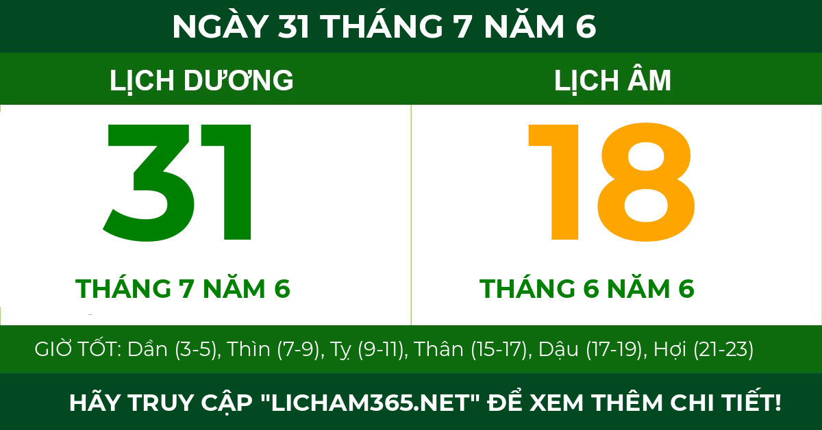 lịch âm ngày 31 tháng 7 năm 6