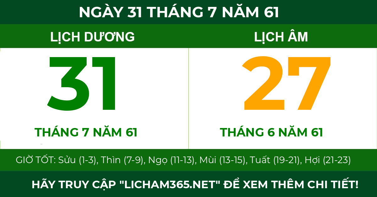 lịch âm ngày 31 tháng 7 năm 61