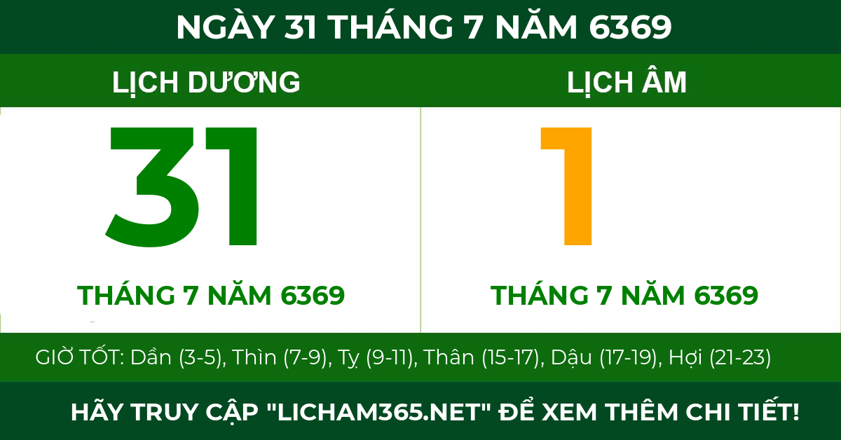 lịch âm ngày 31 tháng 7 năm 6369