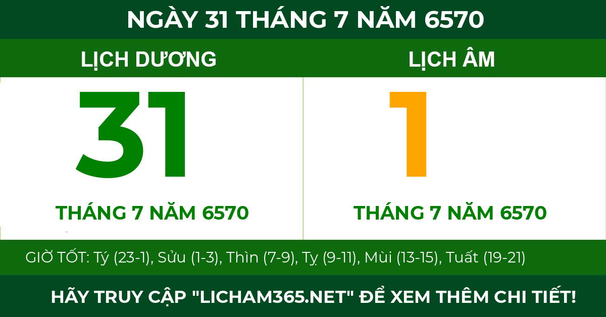 lịch âm ngày 31 tháng 7 năm 6570