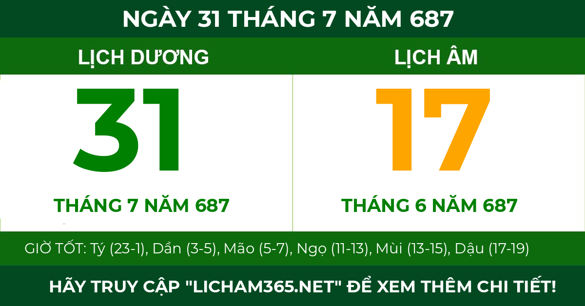 lịch âm ngày 31 tháng 7 năm 687