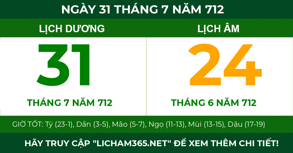 lịch âm ngày 31 tháng 7 năm 712