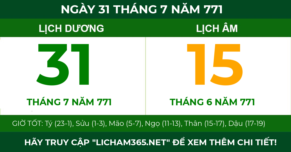 lịch âm ngày 31 tháng 7 năm 771