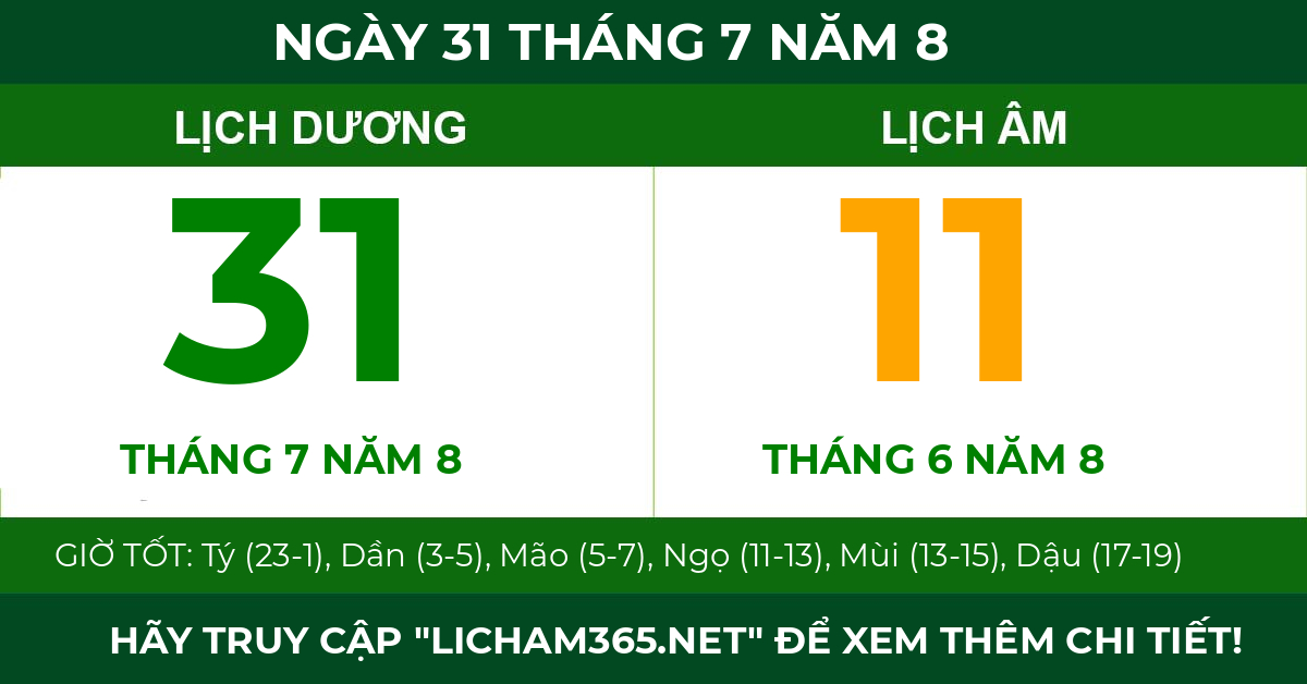 lịch âm ngày 31 tháng 7 năm 8