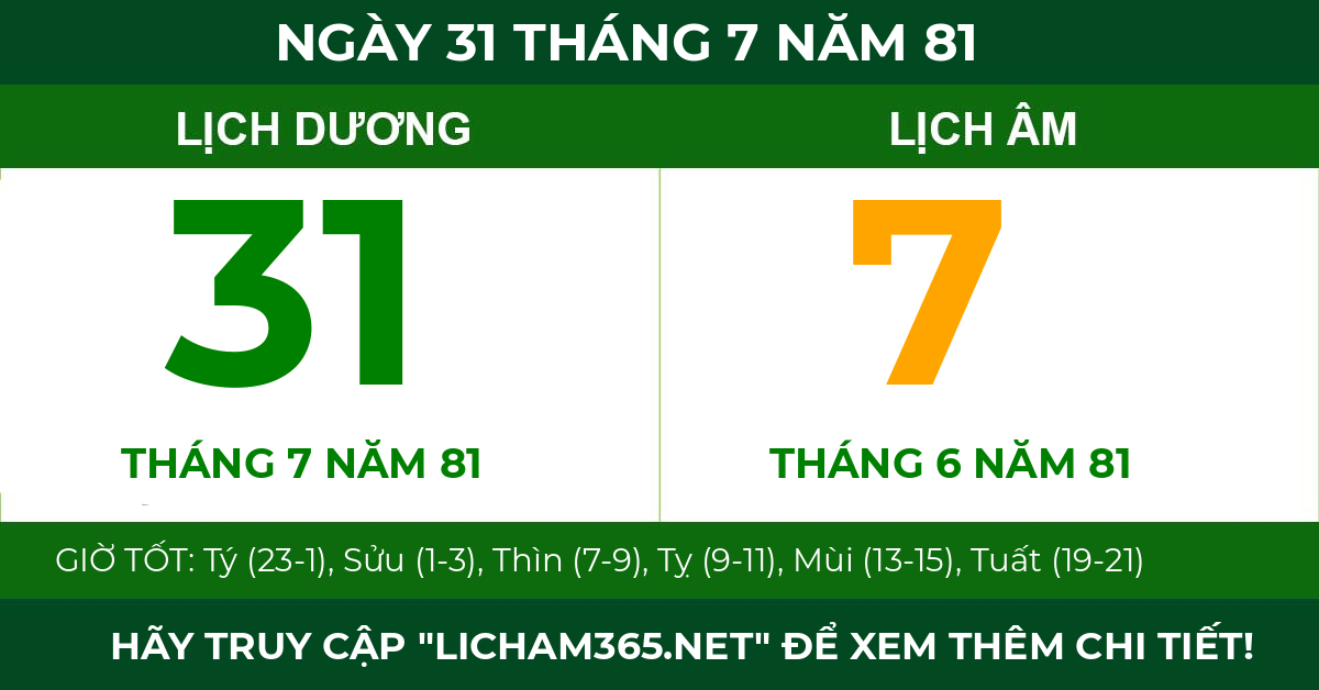 lịch âm ngày 31 tháng 7 năm 81