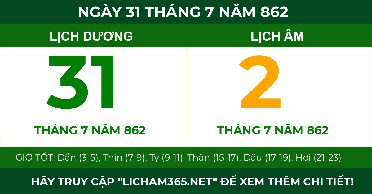 lịch âm ngày 31 tháng 7 năm 862