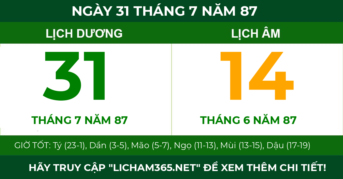 lịch âm ngày 31 tháng 7 năm 87