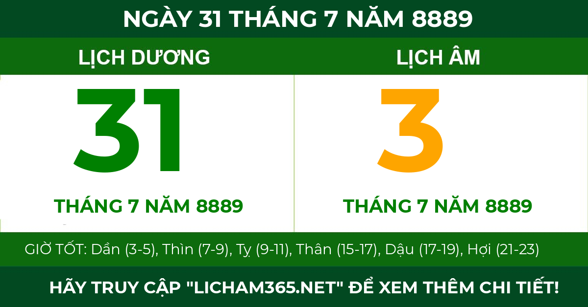 lịch âm ngày 31 tháng 7 năm 8889