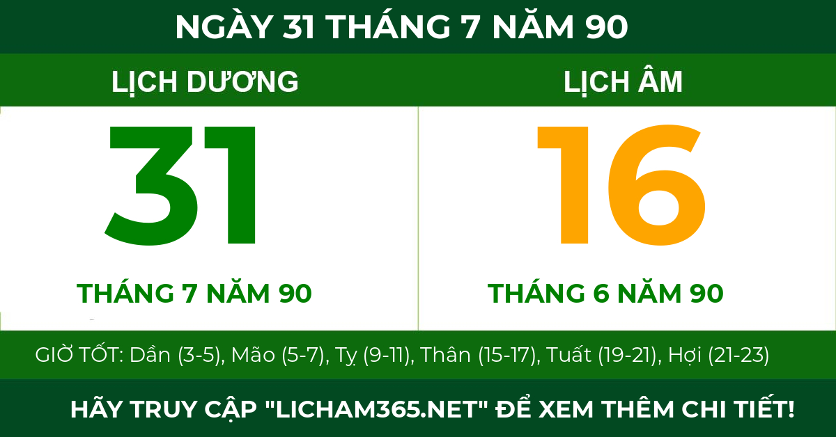 lịch âm ngày 31 tháng 7 năm 90