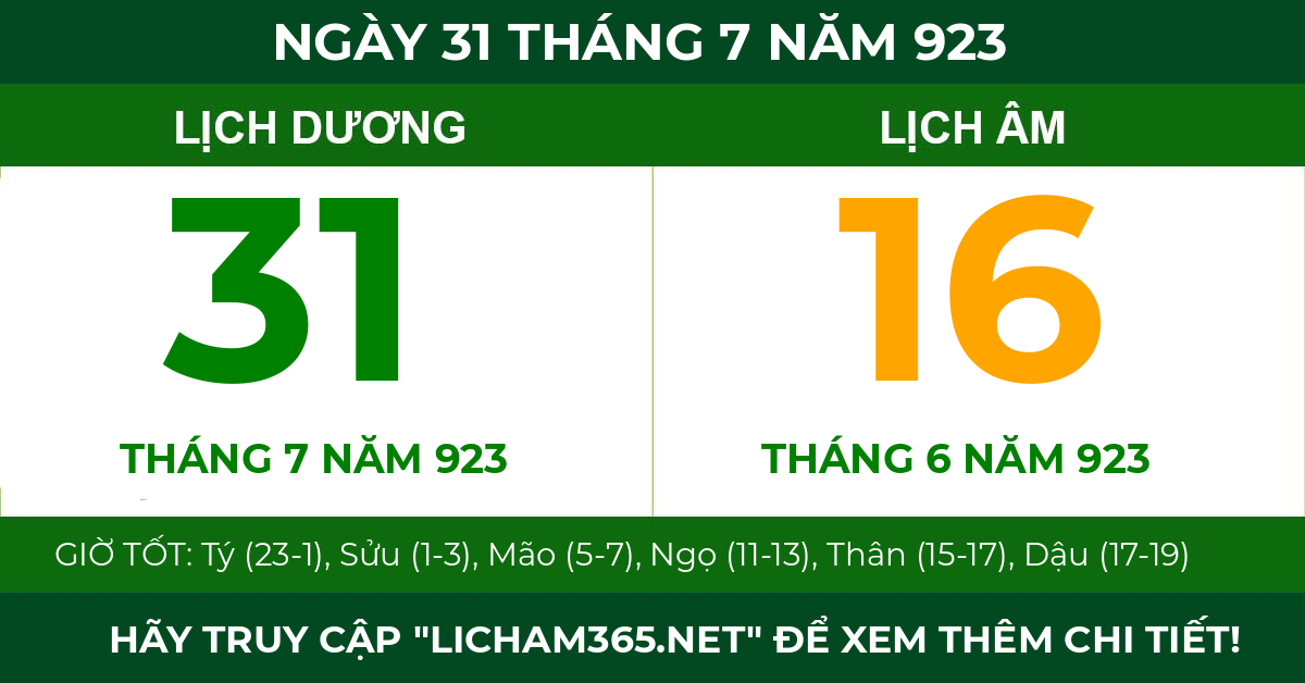 lịch âm ngày 31 tháng 7 năm 923