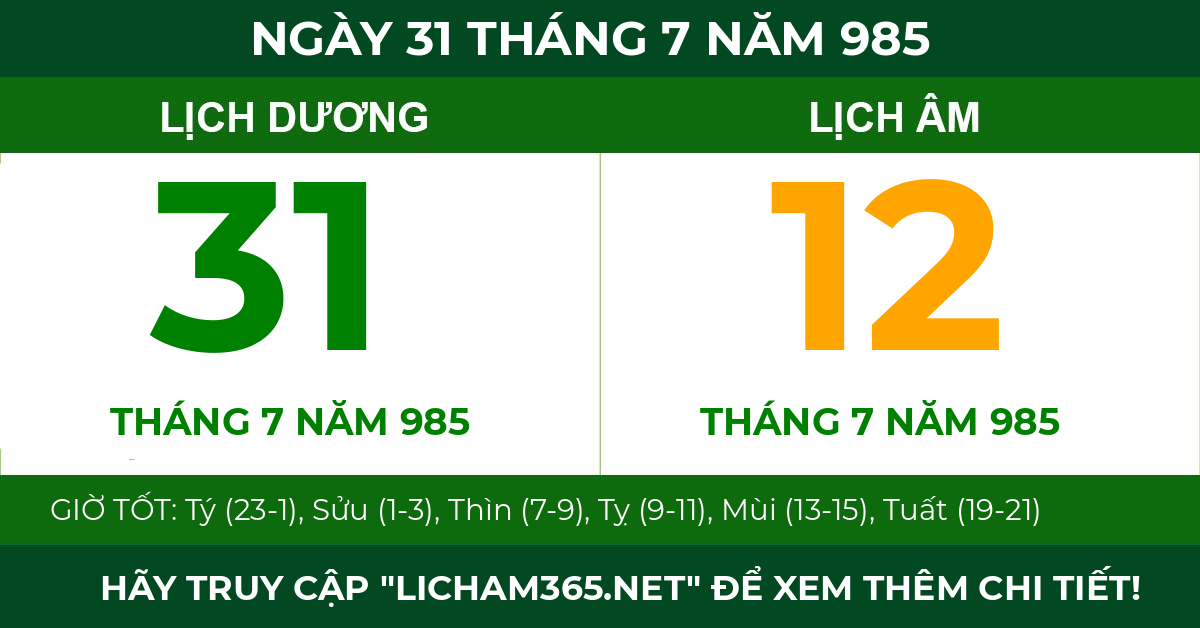 lịch âm ngày 31 tháng 7 năm 985