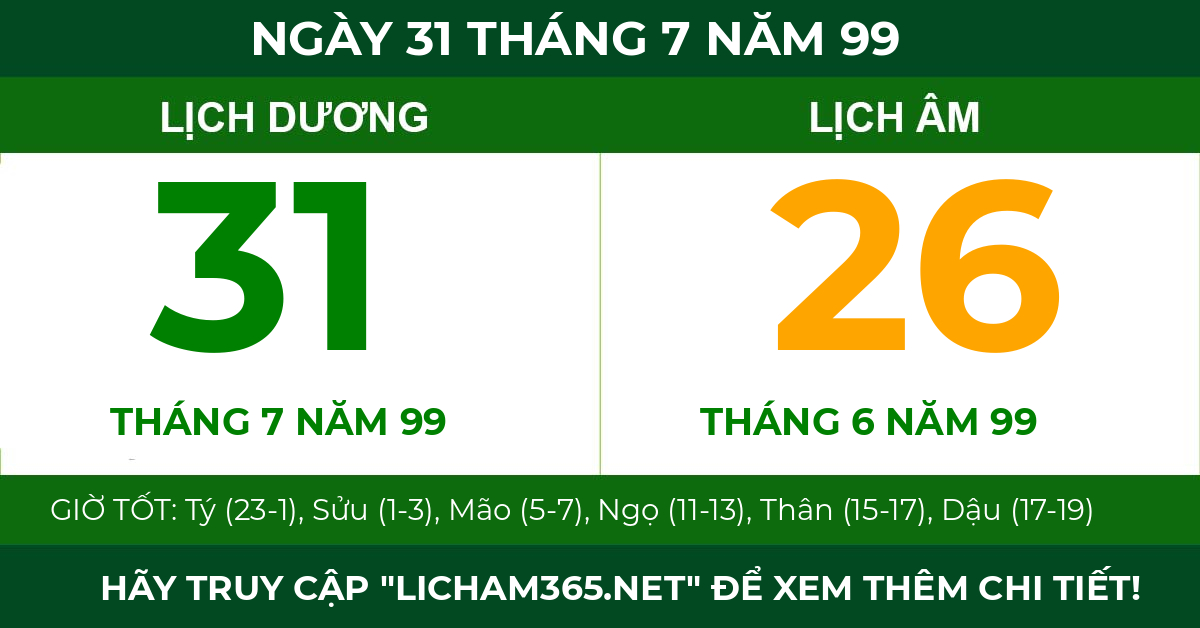 lịch âm ngày 31 tháng 7 năm 99