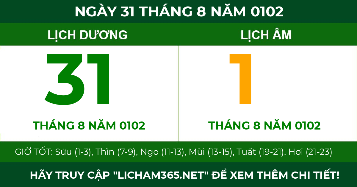 lịch âm ngày 31 tháng 8 năm 0102