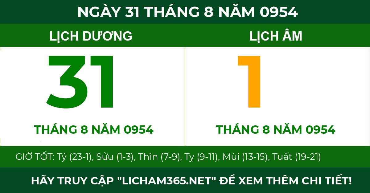 lịch âm ngày 31 tháng 8 năm 0954