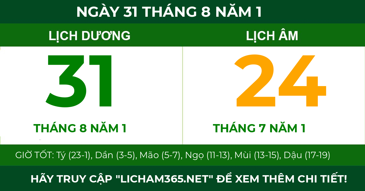 lịch âm ngày 31 tháng 8 năm 1