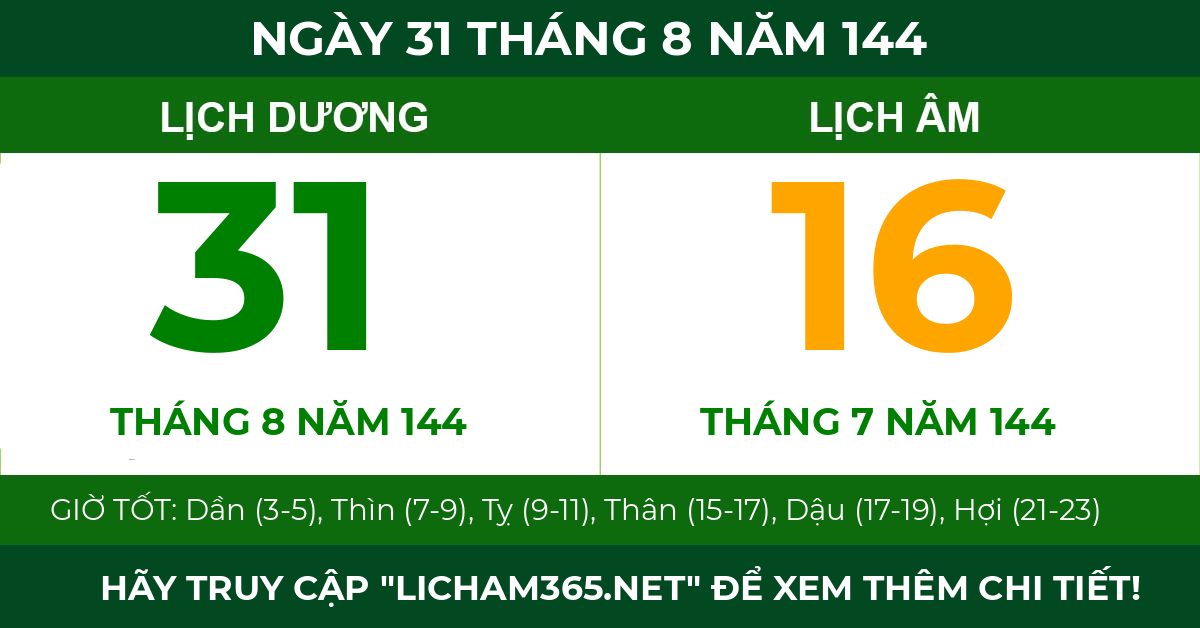 lịch âm ngày 31 tháng 8 năm 144