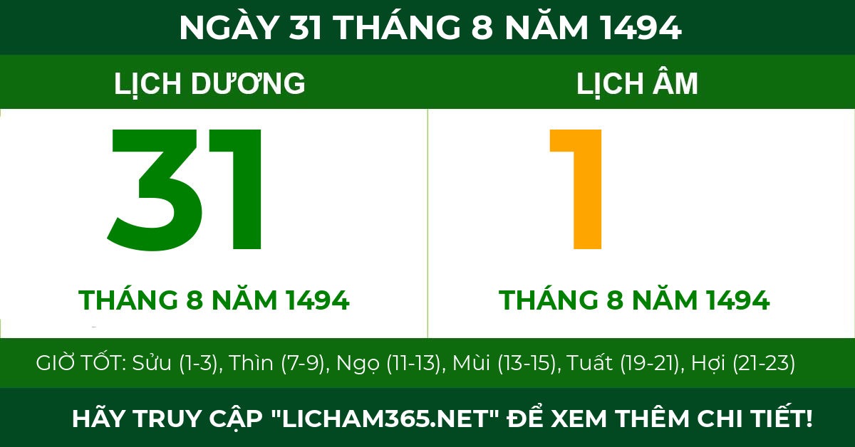 lịch âm ngày 31 tháng 8 năm 1494