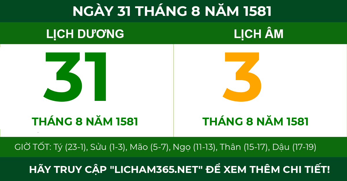 lịch âm ngày 31 tháng 8 năm 1581