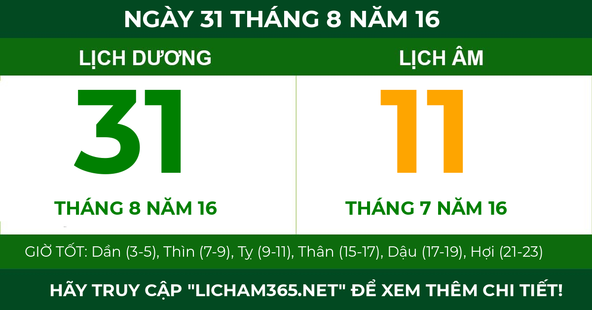 lịch âm ngày 31 tháng 8 năm 16