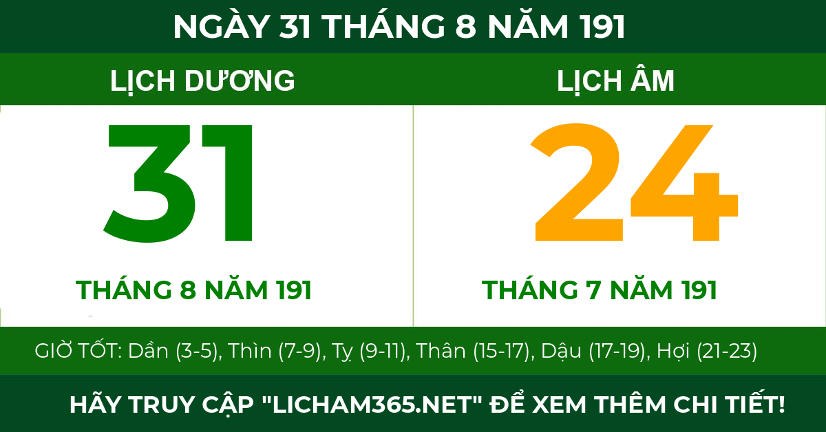 lịch âm ngày 31 tháng 8 năm 191