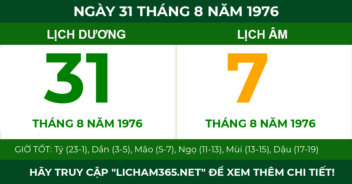 lịch âm ngày 31 tháng 8 năm 1976