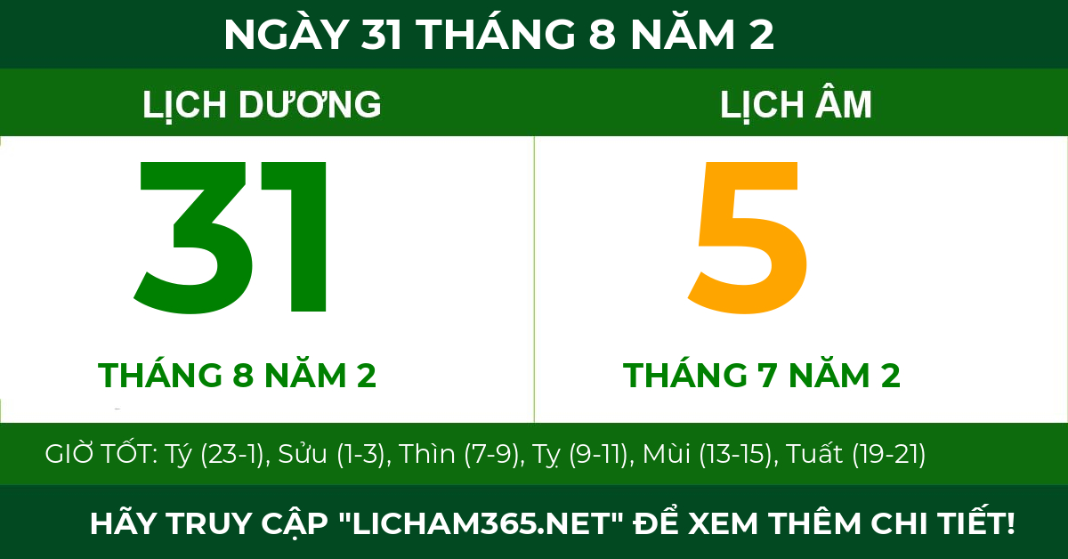lịch âm ngày 31 tháng 8 năm 2