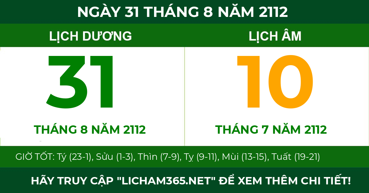 lịch âm ngày 31 tháng 8 năm 2112