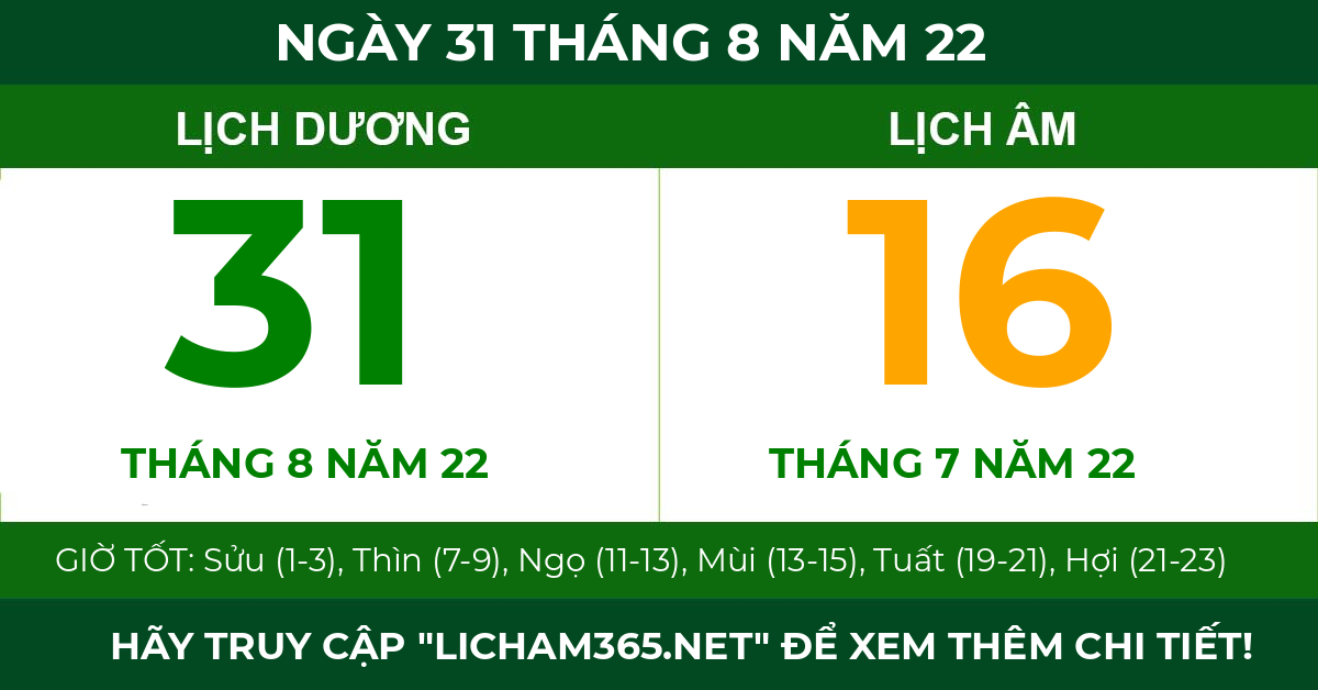 lịch âm ngày 31 tháng 8 năm 22