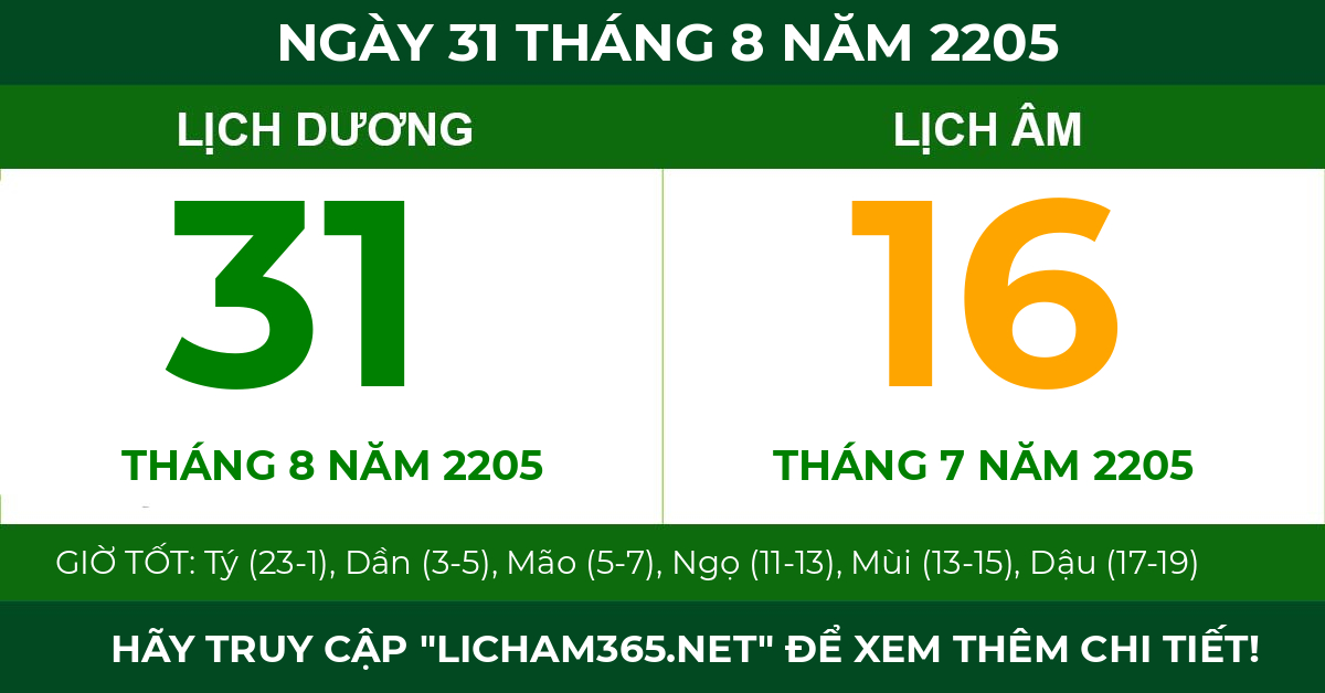 lịch âm ngày 31 tháng 8 năm 2205