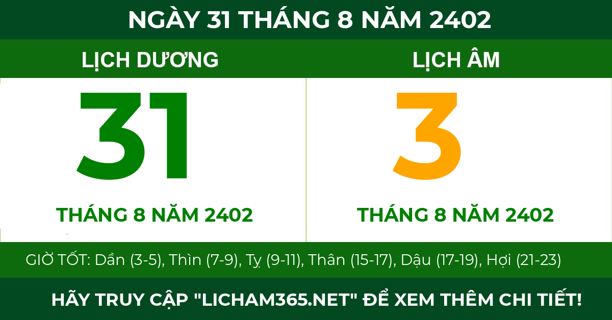 lịch âm ngày 31 tháng 8 năm 2402