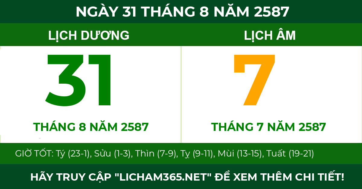 lịch âm ngày 31 tháng 8 năm 2587