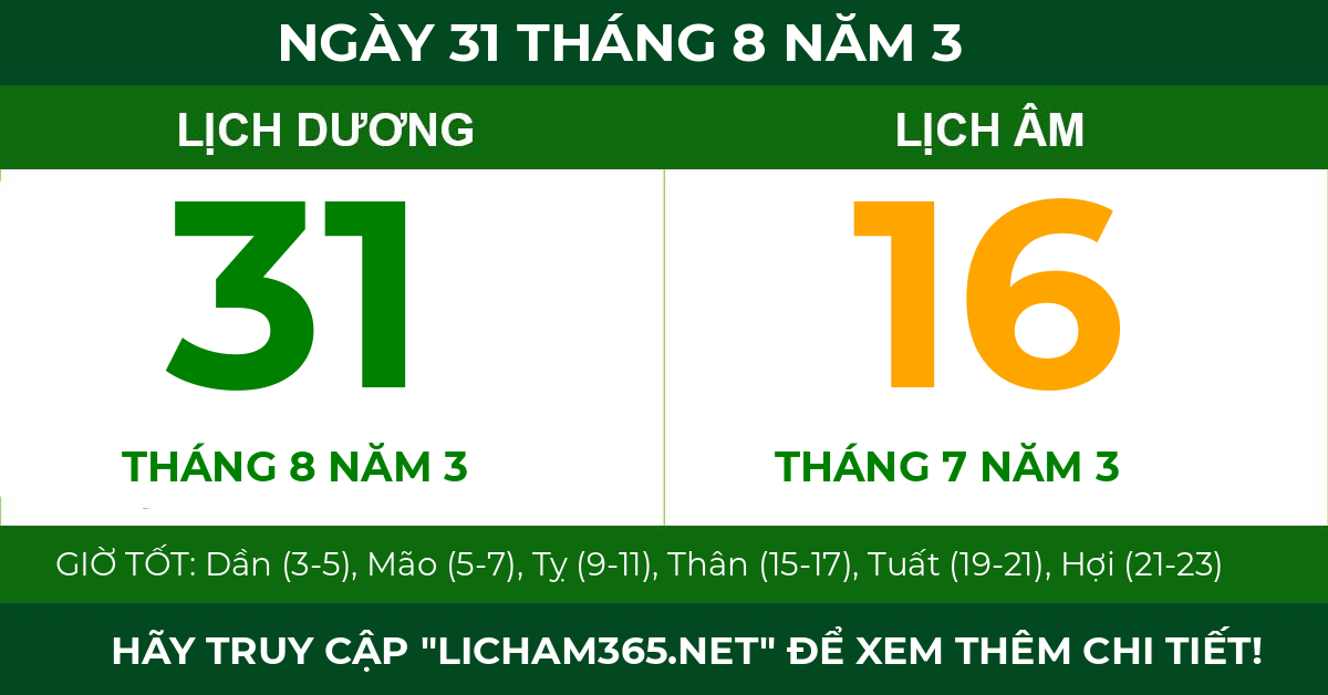 lịch âm ngày 31 tháng 8 năm 3