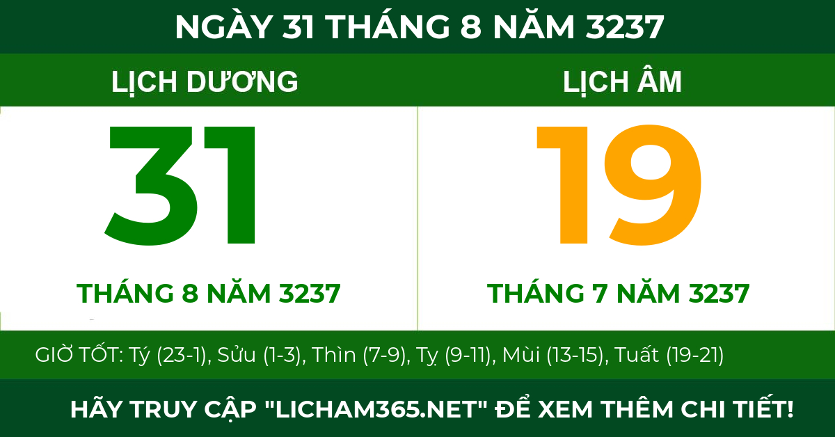 lịch âm ngày 31 tháng 8 năm 3237