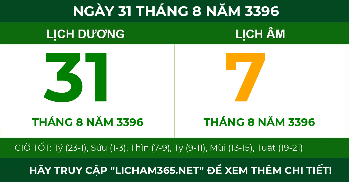 lịch âm ngày 31 tháng 8 năm 3396