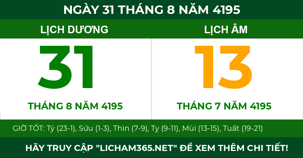 lịch âm ngày 31 tháng 8 năm 4195