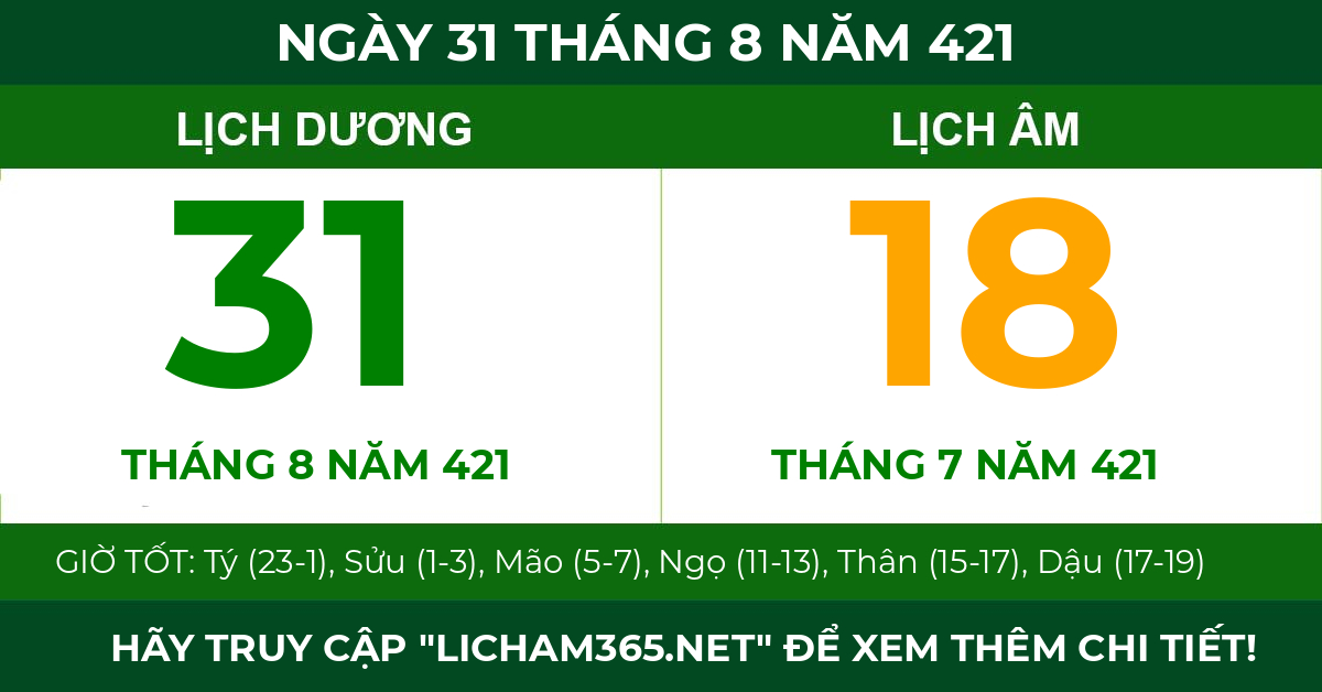 lịch âm ngày 31 tháng 8 năm 421