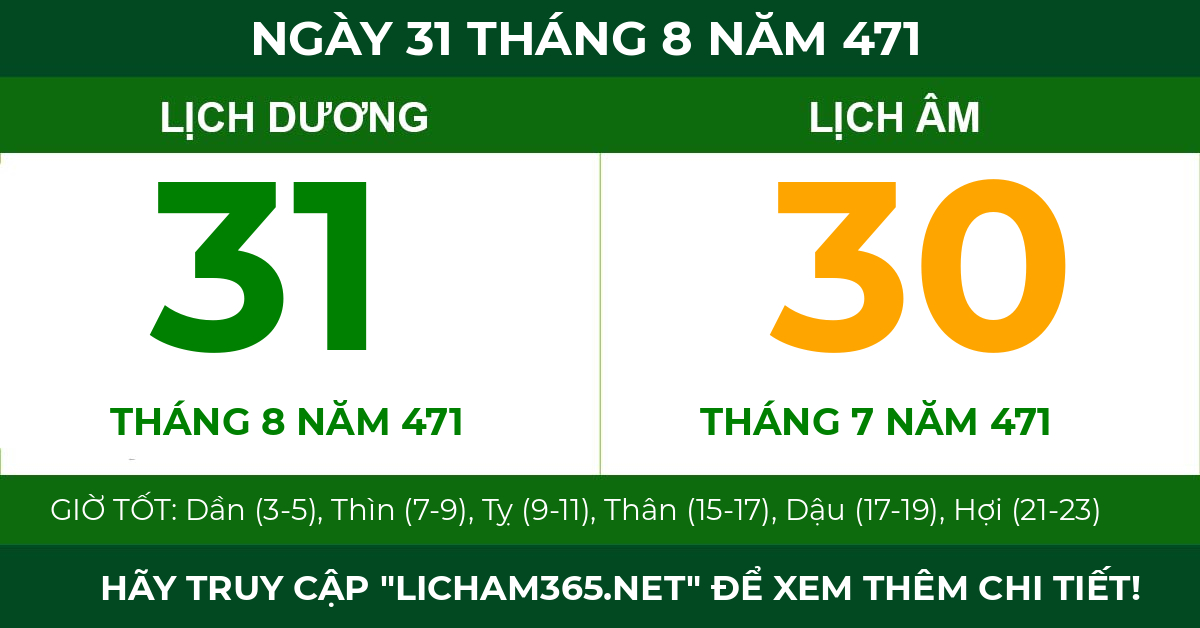 lịch âm ngày 31 tháng 8 năm 471