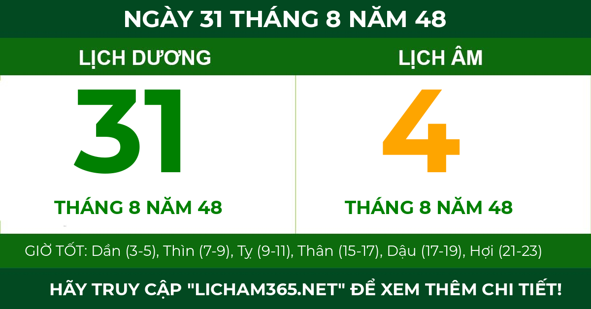 lịch âm ngày 31 tháng 8 năm 48