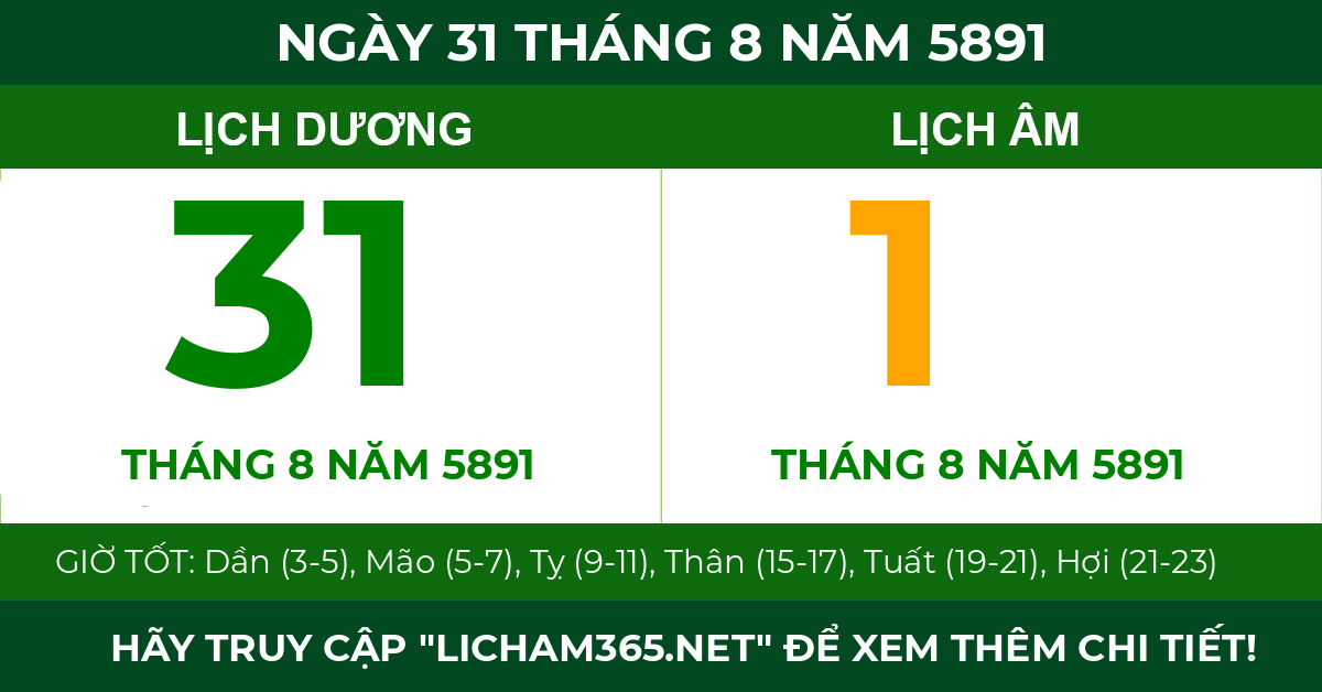 lịch âm ngày 31 tháng 8 năm 5891