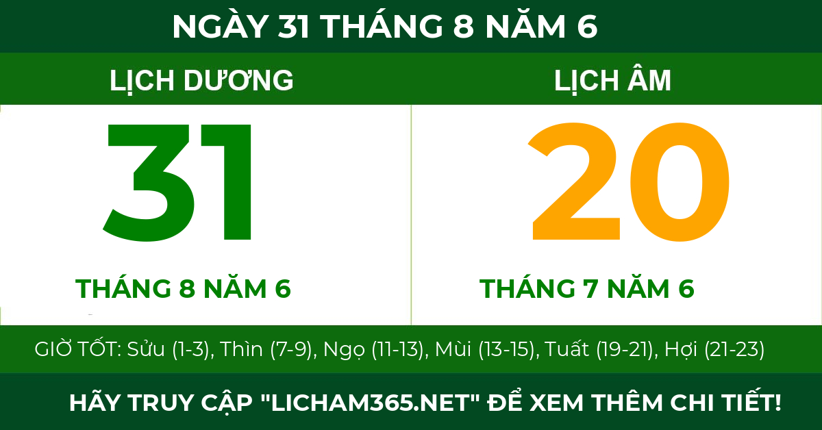 lịch âm ngày 31 tháng 8 năm 6