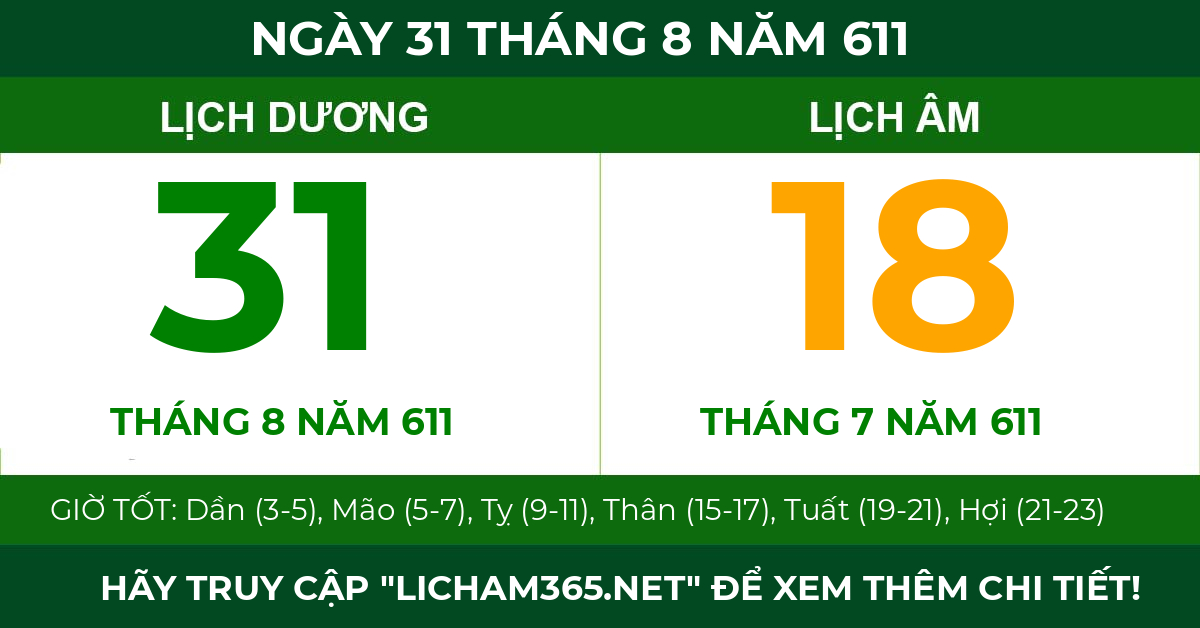 lịch âm ngày 31 tháng 8 năm 611