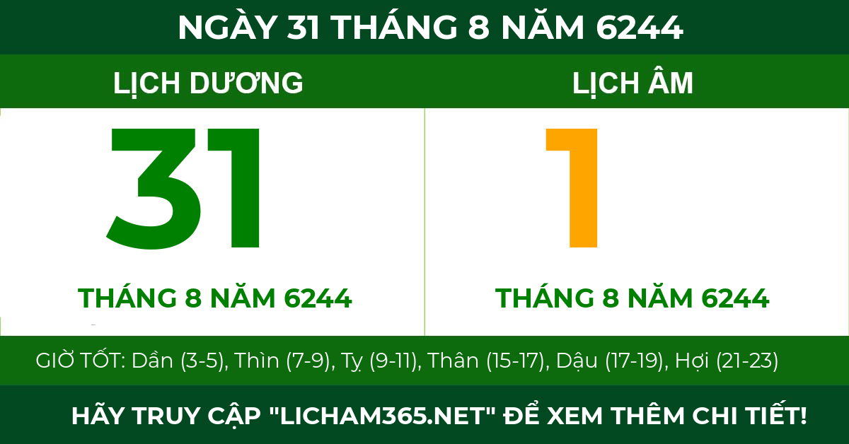 lịch âm ngày 31 tháng 8 năm 6244