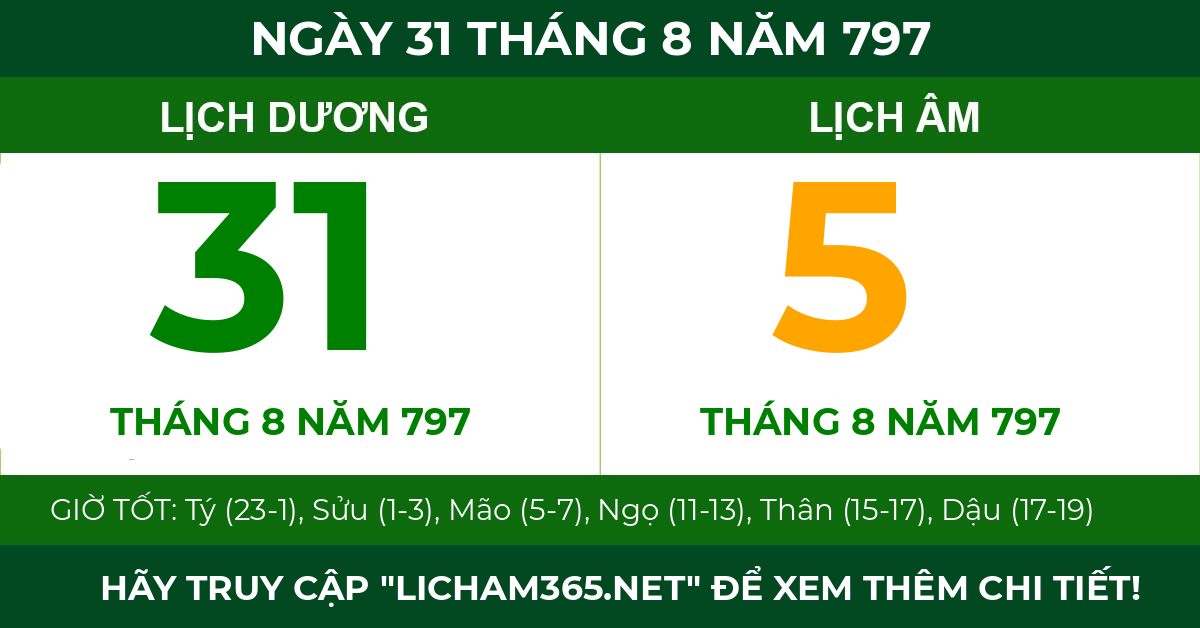 lịch âm ngày 31 tháng 8 năm 797