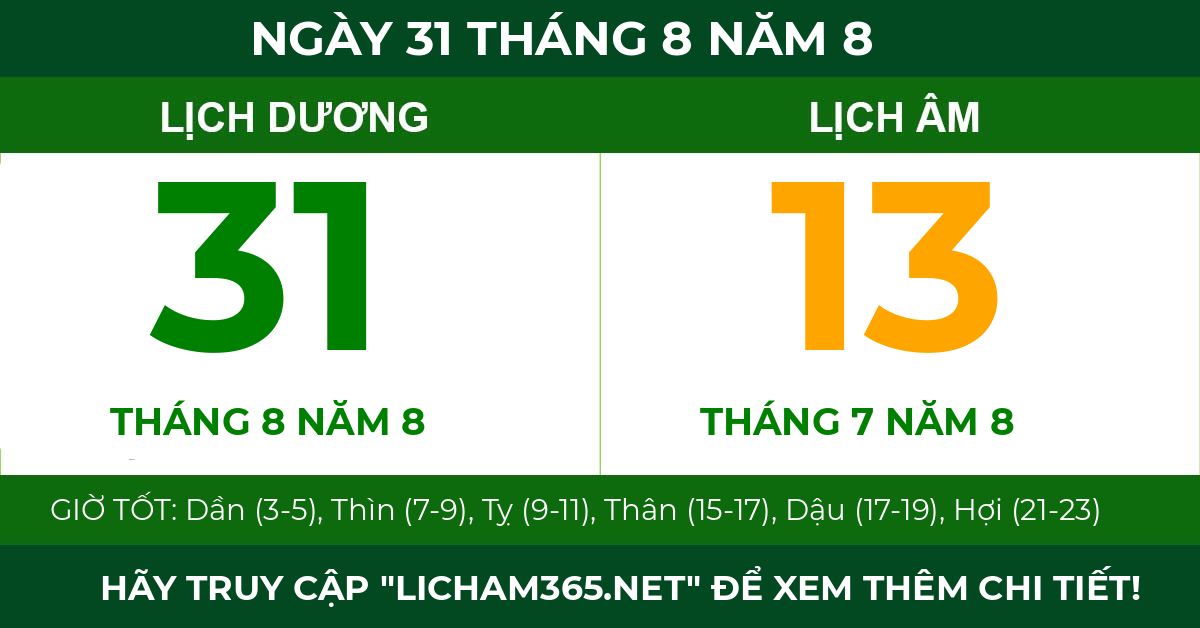 lịch âm ngày 31 tháng 8 năm 8