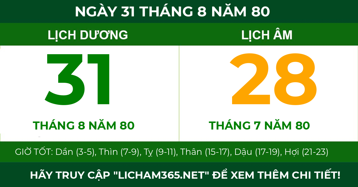 lịch âm ngày 31 tháng 8 năm 80