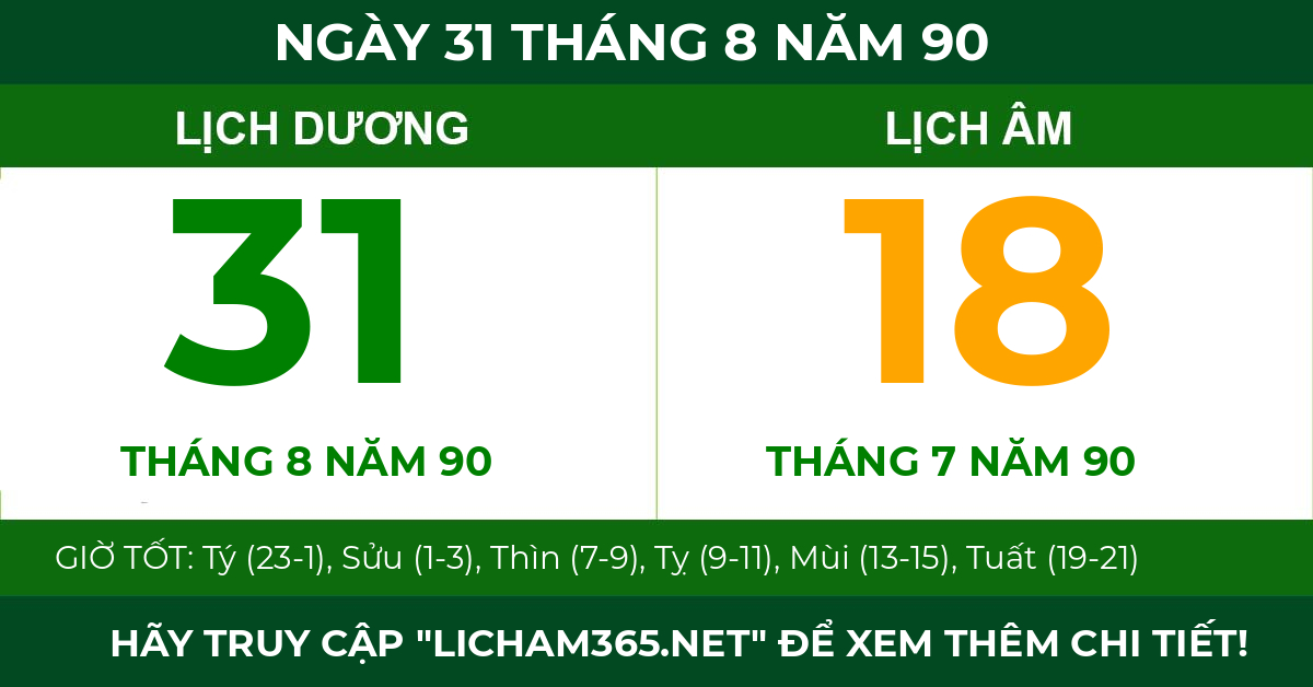 lịch âm ngày 31 tháng 8 năm 90
