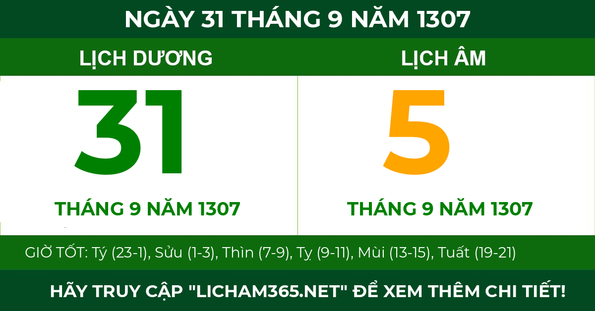 lịch âm ngày 31 tháng 9 năm 1307
